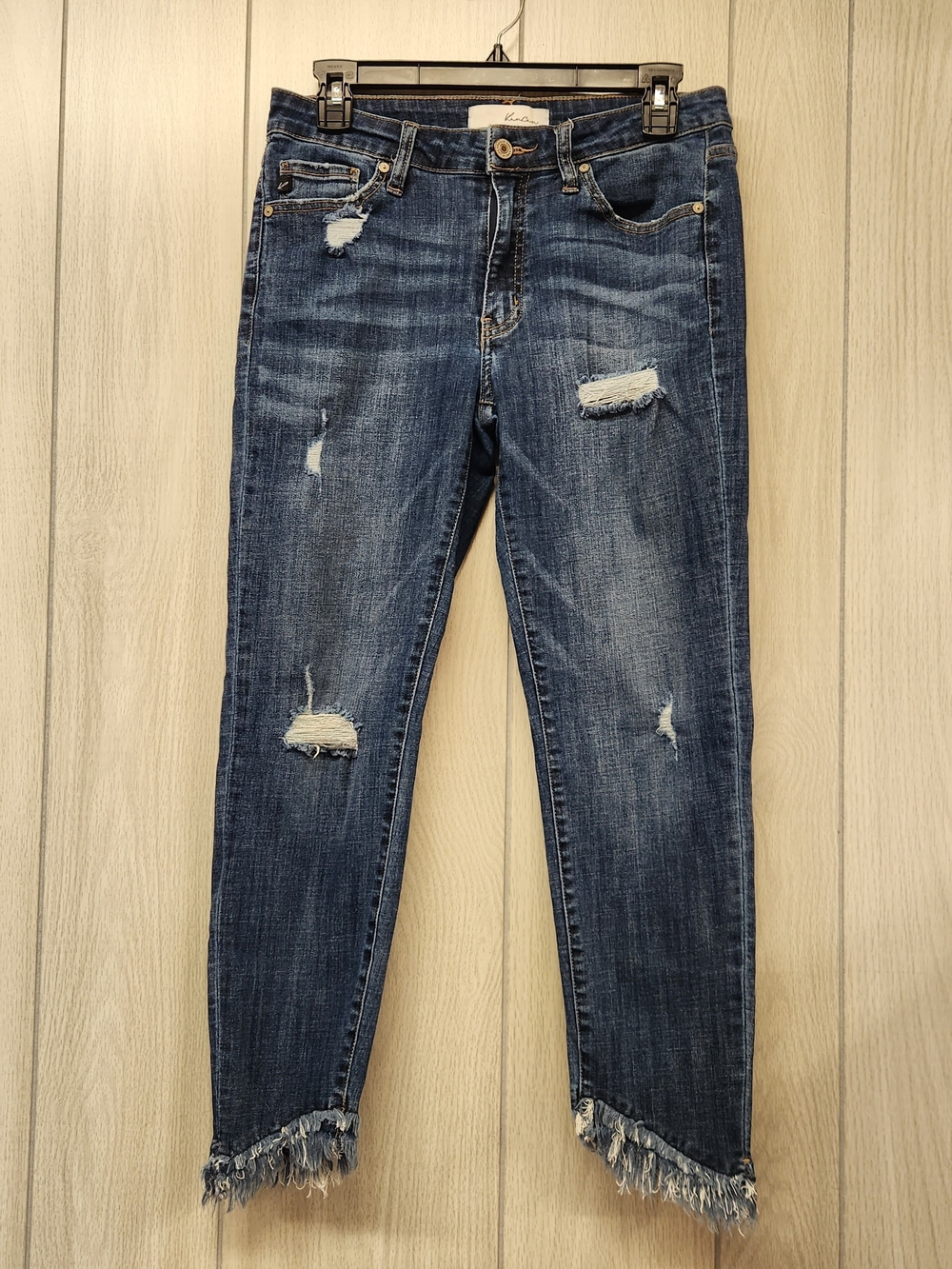 Kancan Dark Blue Distressed Women's Jeans with Frayed Hem